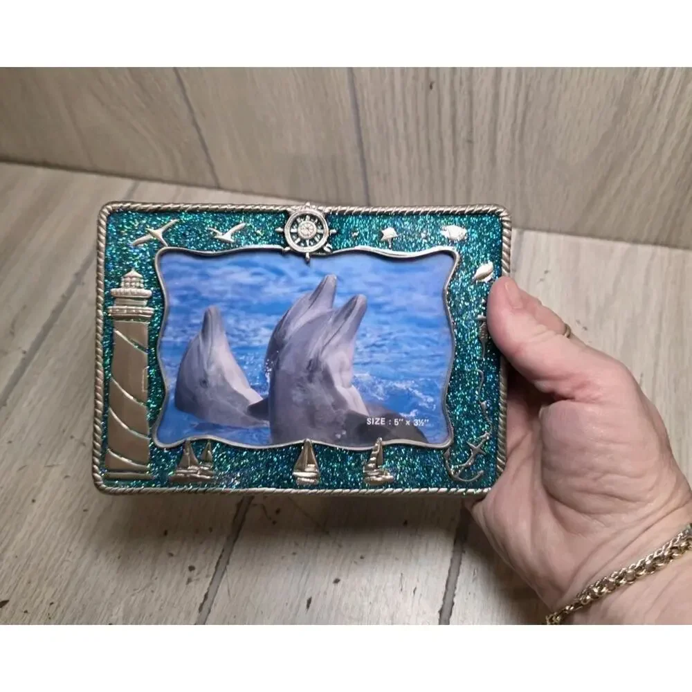 Pewter And Enamel Nautical Dolphins Picture Frame 3.5x 5 Lighthouse Seagulls
